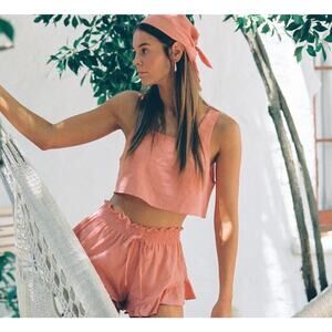 New Montce Square Neck Coral Pink Crop Top Small   loose Short Cover-Up